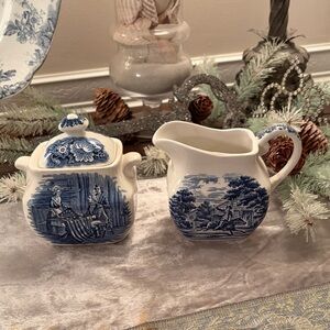 Liberty Blue and White Ceramic Creamer and Sugar Set